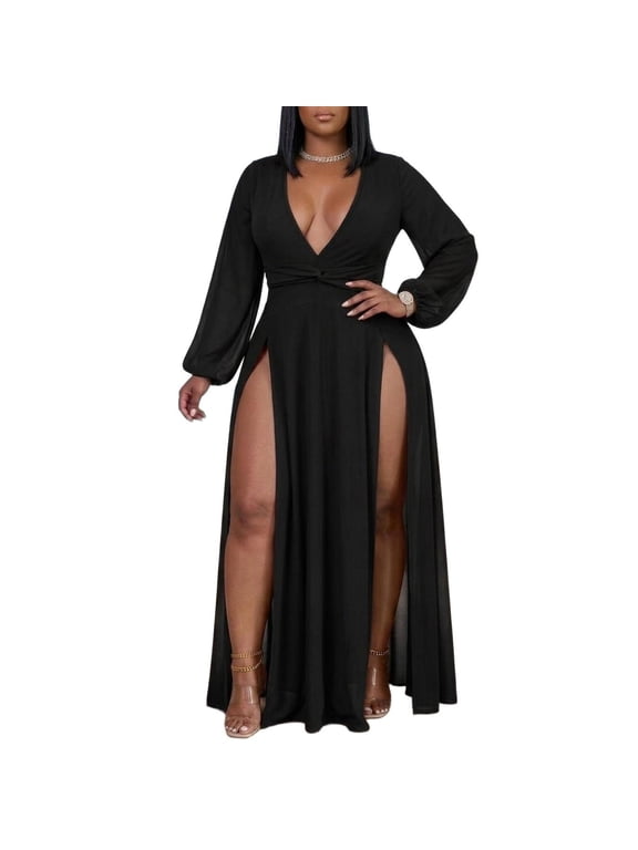 Women's Plus Size Deep V-Neck Long Sleeve Maxi Dress Sexy Double High Split Flowy Evening Cocktail Party Gown XL-5XL
