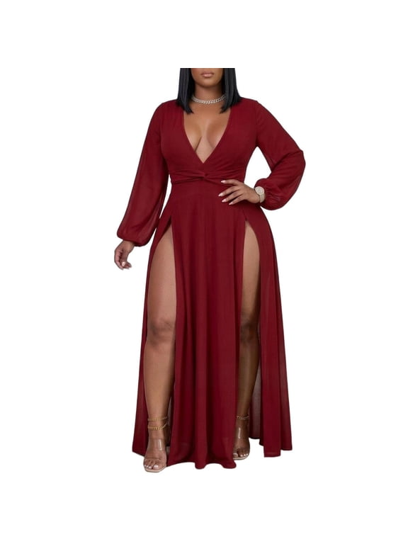 Women's Plus Size Deep V-Neck Long Sleeve Maxi Dress Sexy Double High Split Flowy Evening Cocktail Party Gown XL-5XL