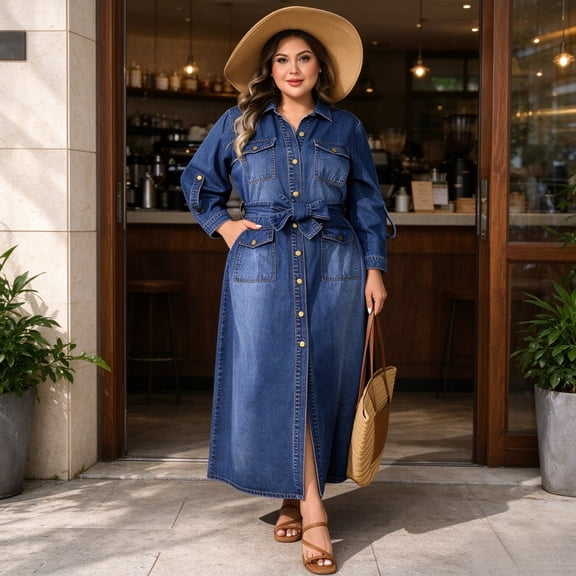 Women's Plus Size Denim Cardigan Dress, Long Sleeve Button Front High Waist Split Dress, Fall Casual Commute Wear