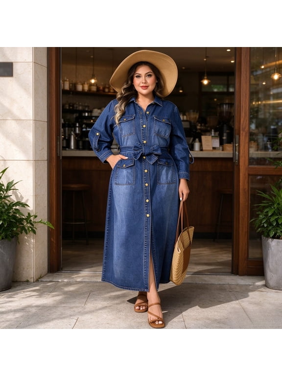 Women's Plus Size Denim Cardigan Dress, Long Sleeve Button Front High Waist Split Dress, Fall Casual Commute Wear