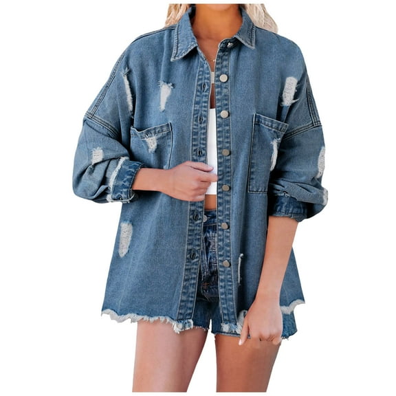 Women's Plus Size Denim Jacket Washed Worn With Holes Loose Fit Long Sleeve Casual Coat