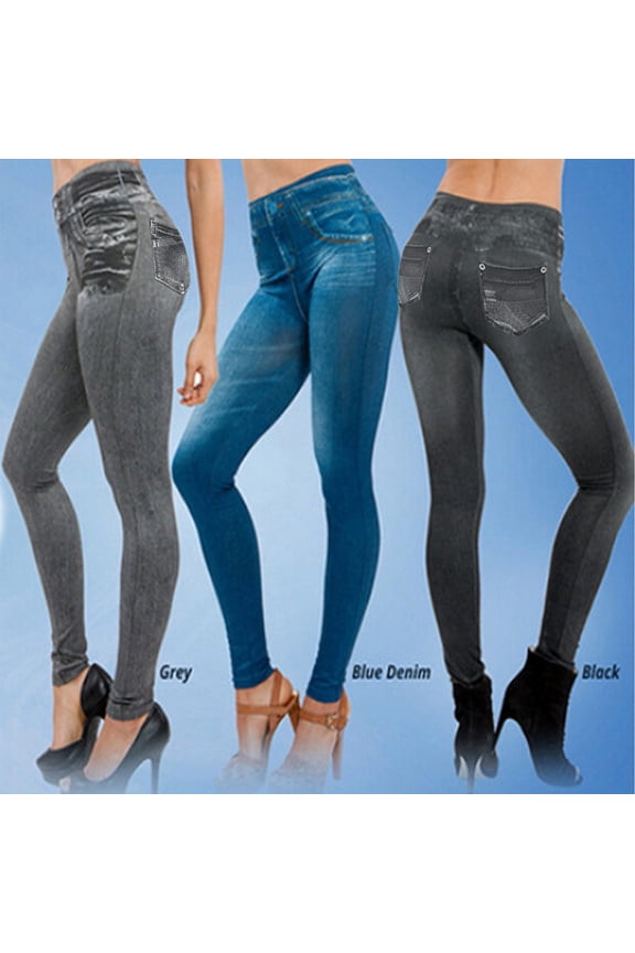 Women's Plus Size Denim Leggings with Pockets Slimming Fit Stretchable Ankle Length Pants for Fitness and Casual