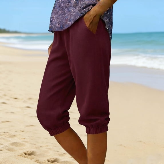 Women's Plus Size Denim Capri Jeans with Elastic Waist and Pockets Flared Casual Solid Color