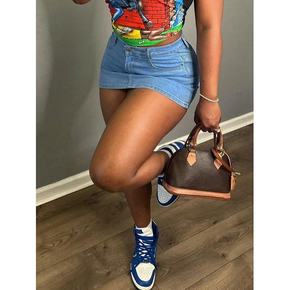 Women's Plus Size Denim Miniskirt High Waisted Stretchy Skinny Butt Lifting Jean Skirt With Pockets