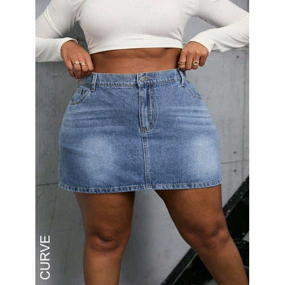 Women's Plus Size Denim Shorts Skirts High Waisted A-Line Jean Skirts With Pockets Stretch Comfort Fit Casual Summer Mini Skirts For Women