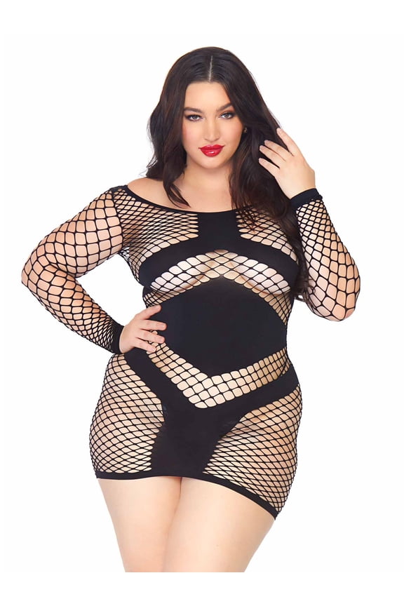 Women's Plus Size Diamond Net Long Sleeved Mini Dress, Black, One Size