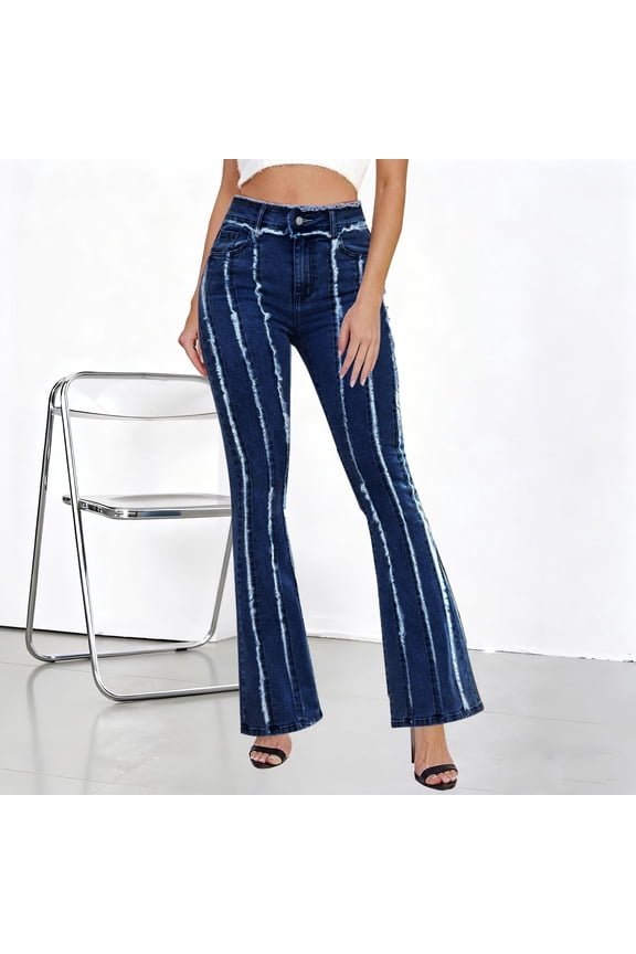 Women's Plus Size Distressed Denim Pants, Mid-Rise Elastic Waist Vertical Frayed Stripe Jeans, Spring Summer Stretch Casual Trousers for Daily Wear Dark Blue