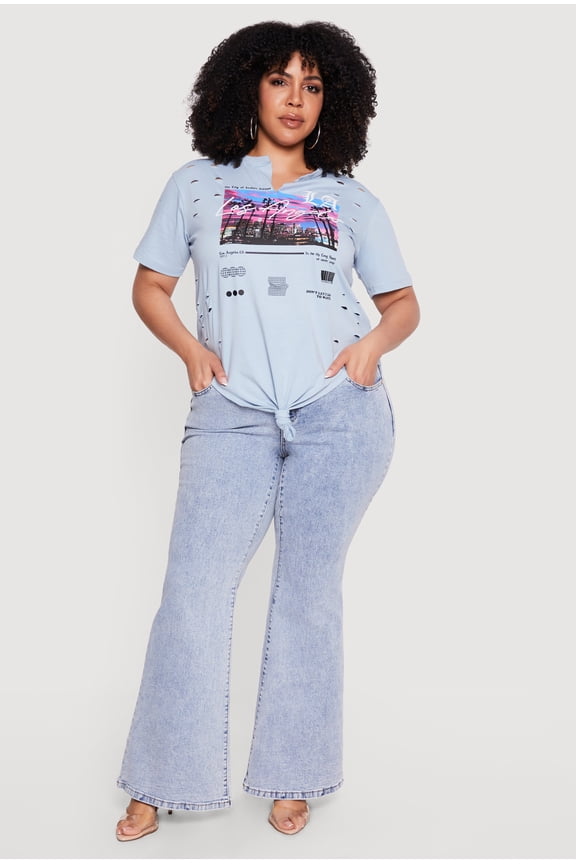 Women's Plus Size Distressed LA Graphic Knot Front Tee