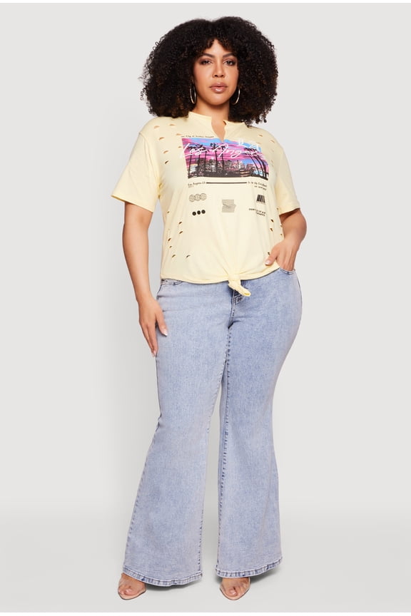 Women's Plus Size Distressed LA Graphic Knot Front Tee