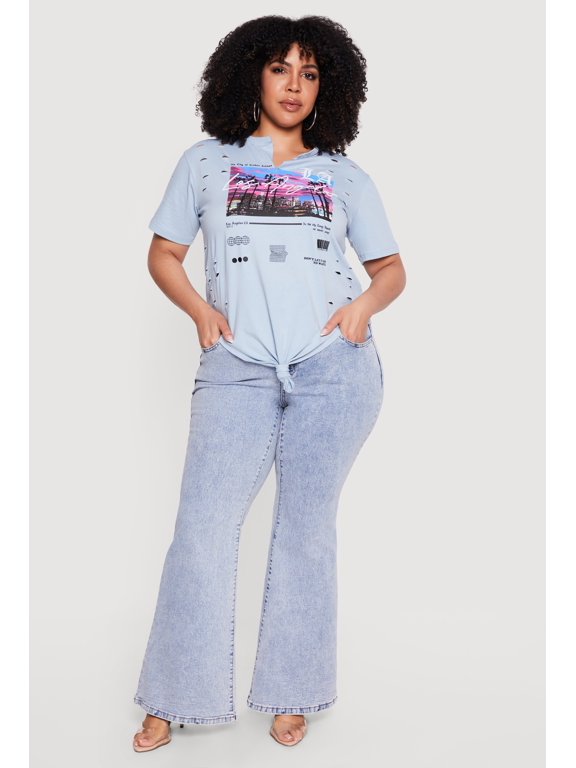 Women's Plus Size Distressed LA Graphic Knot Front Tee