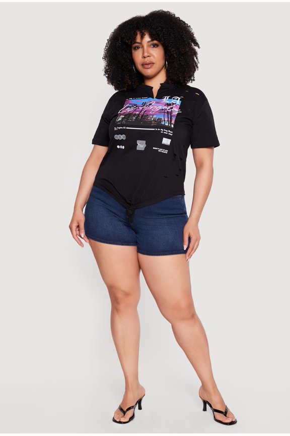 Women's Plus Size Distressed LA Graphic Knot Front Tee