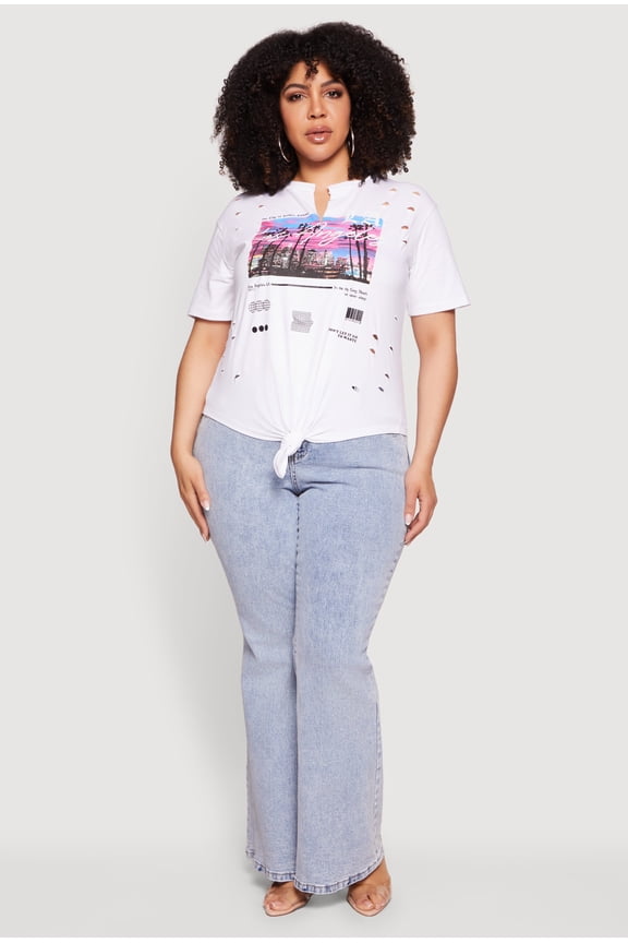 Women's Plus Size Distressed LA Graphic Knot Front Tee