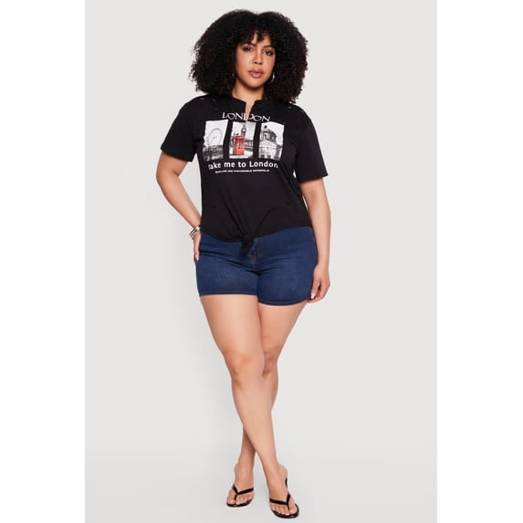 Women's Plus Size Distressed London Graphic Knot Front Tee