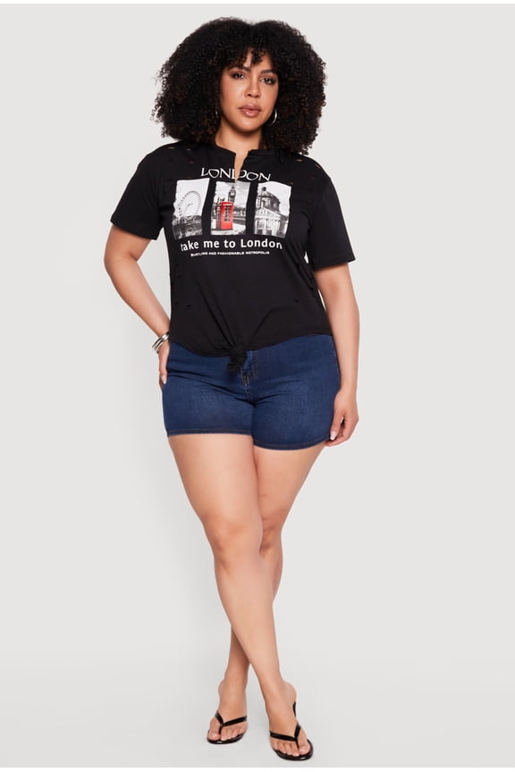 Women's Plus Size Distressed London Graphic Knot Front Tee