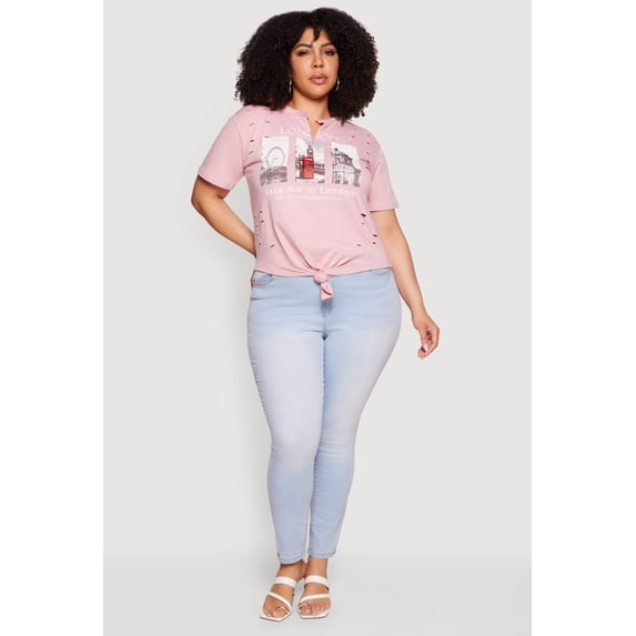 Women's Plus Size Distressed London Graphic Knot Front Tee