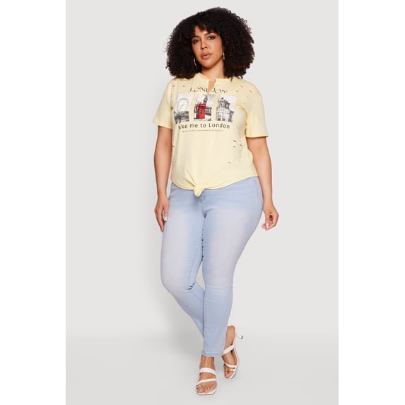 Women's Plus Size Distressed London Graphic Knot Front Tee