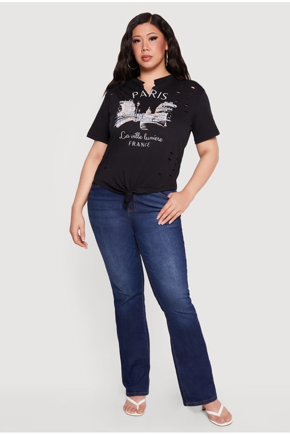 Women's Plus Size Distressed Paris Graphic Knot Front Tee
