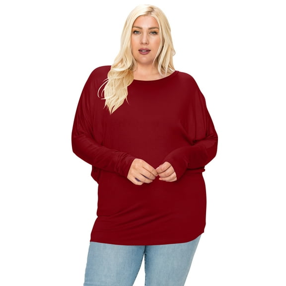 Women's Plus Size Dolman Long Sleeve Solid Loose Fit Tunic Top