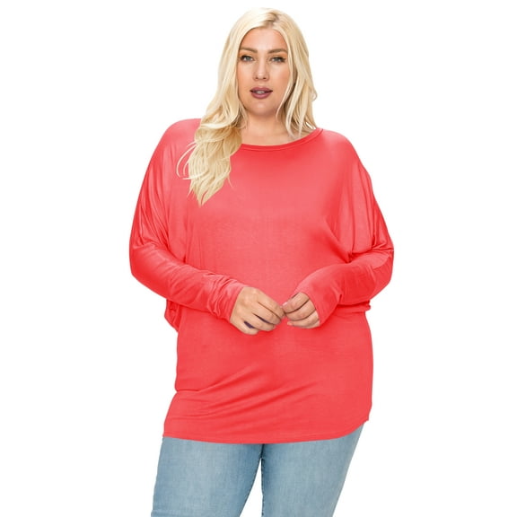Women's Plus Size Dolman Long Sleeve Solid Loose Fit Tunic Top