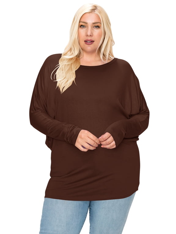 Women's Plus Size Dolman Long Sleeve Solid Loose Fit Tunic Top