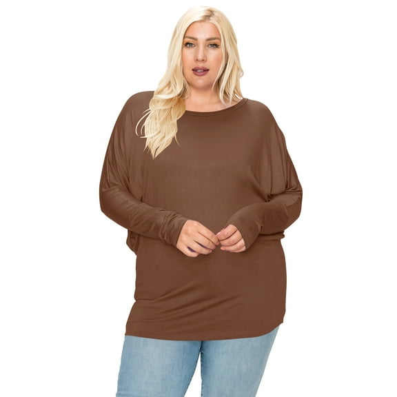 Women's Plus Size Dolman Long Sleeve Solid Loose Fit Tunic Top