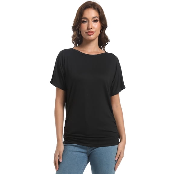 Women's Plus Size Boat Neck Dolman Short Sleeve T-Shirt, Ruched Casual Summer Top