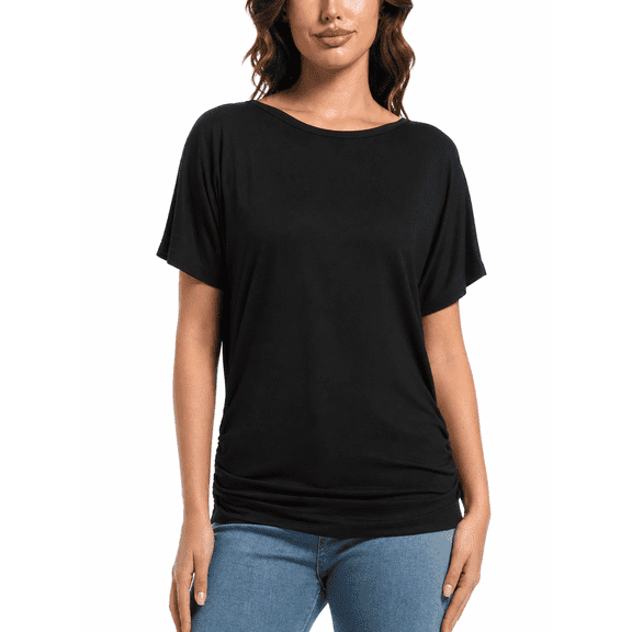 Women's Solid Boat Neck Dolman Sleeve Top Side Shirring S-3XL