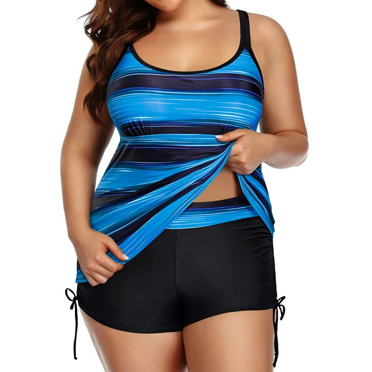 Women's Plus Size Double Straps Athletic Tankini Swimsuits 2 Piece Ombre  Bathing Suits with Boy Shorts Modest Swimwear