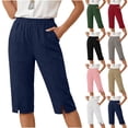 thumbnail image 1 of Women's Plus Size Drawstring Capris with Pockets Loose Fit Casual Solid Color Cropped Pants,Navy_S, 1 of 10