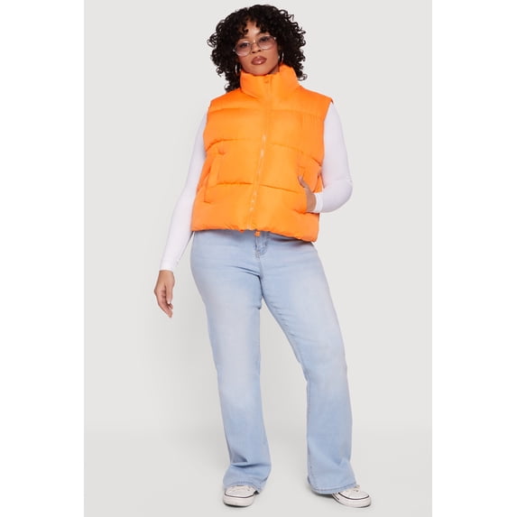 Women's Plus Size Drawstring Hem Zip Front Puffer Vest