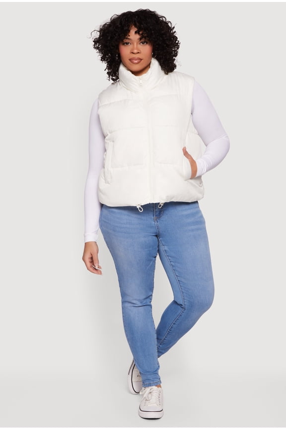 Women's Plus Size Drawstring Hem Zip Front Puffer Vest