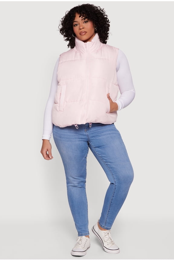 Women's Plus Size Drawstring Hem Zip Front Puffer Vest