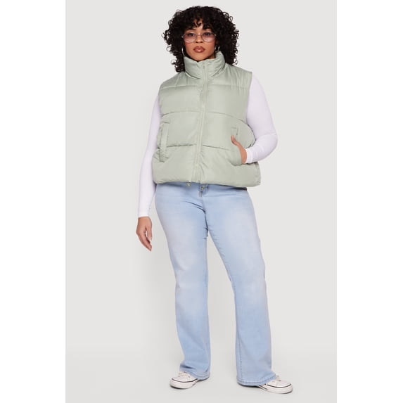 Women's Plus Size Drawstring Hem Zip Front Puffer Vest