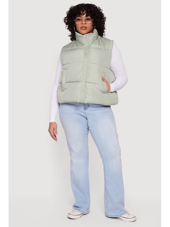 Women's Plus Size Drawstring Hem Zip Front Puffer Vest