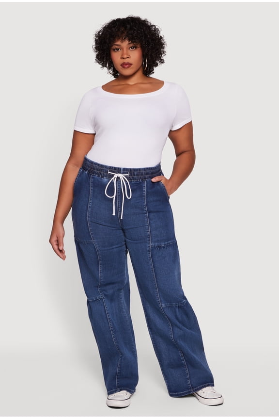 Women's Plus Size Drawstring High Waisted Acid Wash Jeans