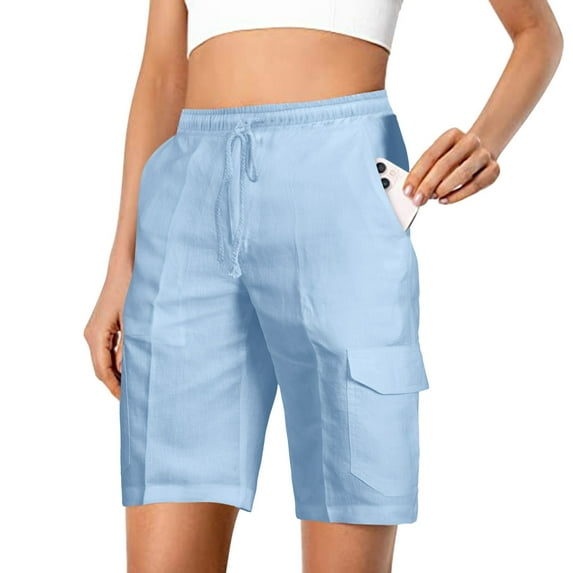 Women's Plus Size Drawstring Mid Expandable Waist Casual Cotton And Linen Cargo Shorts with Pockets ,Blue