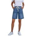 thumbnail image 1 of Women's Plus Size Drawstring Waist Denim Shorts Wide Leg Jean Bermuda Shorts with Pockets, 1 of 6