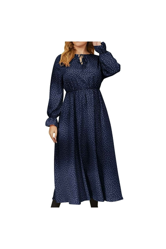 Women’s Plus Size Dress 2024 Puff Long Sleeve Polka Dot Printed Dresses Empire Waist Tie Crew Neck Casual Maxi Dress