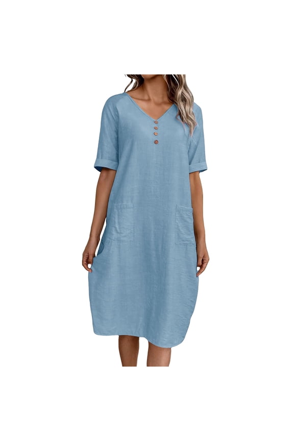 Women's Plus Size Dress Casaul Button Short Sleeve V-Neck Loose Solid Color Summer Beach Midi Dress with Two Pockets Light Blue S-2XL