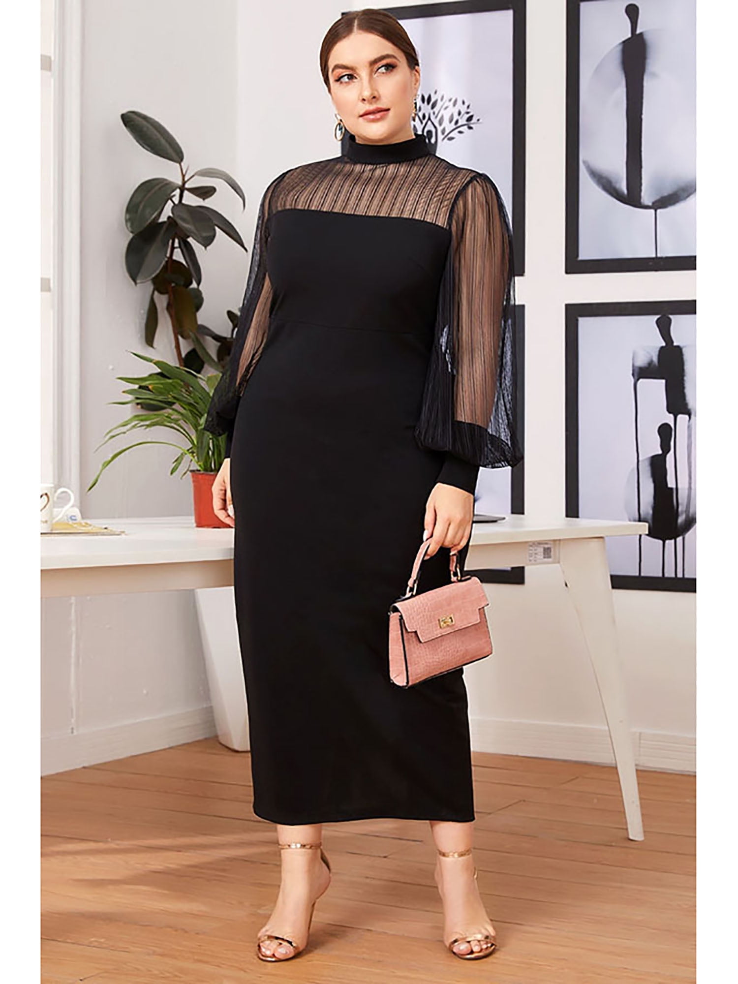 knee length dresses for ladies Tabitha Navy Blue Mesh Lantern Sleeve Mini Dress main image 1
