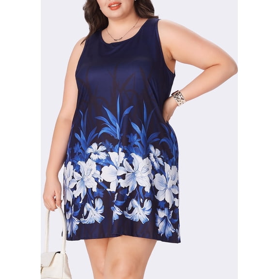 MLDRA Women's Plus Size Dress Floral Round Neck Sleeveless Summer Stretchy Short Dresses Beach Tank Sundress