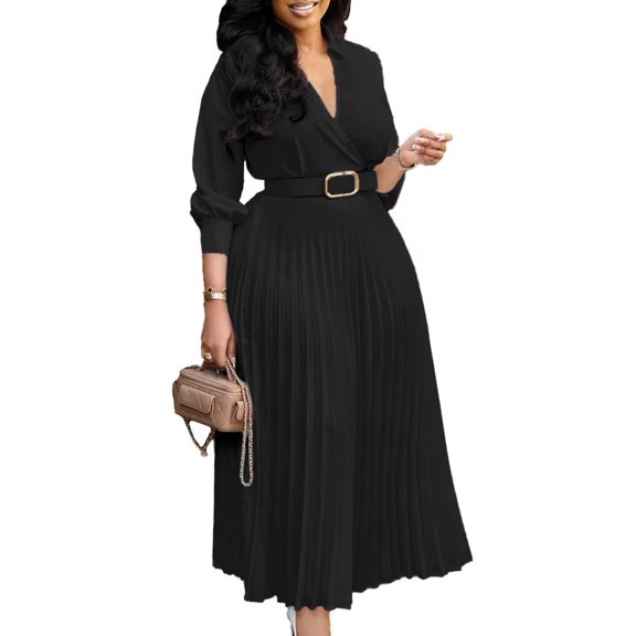Women's Plus Size Dress Lapel Pleated Skirt Formal Party Dress Business Dress