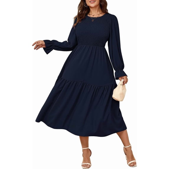 Women's Plus Size Dress Long Sleeve Crewneck Smocked Tiered Flowy Boho Wedding Party Maxi Dresses