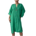 thumbnail image 1 of Women's Plus Size Dress Solid Color Summer Casual Split Skirt Hem Long Sleeves V-Neck Button Dress Green S-5XL, 1 of 6