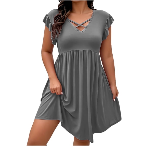 Women's Plus Size Dress Solid Ruffle Sleeved V-neck Knee-length Dresses Casual Daily Wear