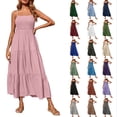 thumbnail image 1 of Women's Plus Size Dresses Bohemian Spaghetti Strap Smocked Tiered Long Beach Sun Dresses Sleeveless Solid Maxi Dress, 1 of 9