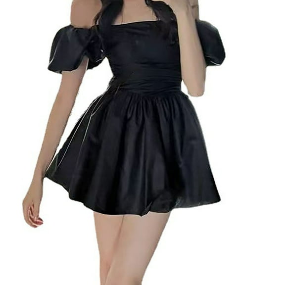 Women's Plus Size Dresses French Puff Sleeve Dress Waist One Word Off Shoulder Waist Fluffy Holiday Women Plus Size Dress Black M