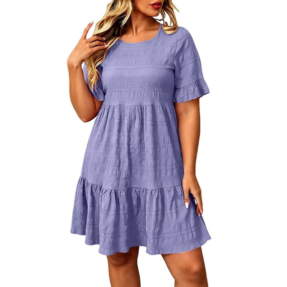 Women's Plus Size Dresses Textured Round Neck Short Sleeve Tiered Dress with Ruffle Casual Summer Mini Sundress Purple XL