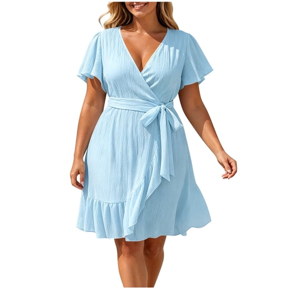 Women's Plus Size Dresses V Neck Wrap Ruffle Tie Waist Mini Dress with Short Sleeve Breathable Flowy Casual Date Night Summer Dress Sky Blue S
