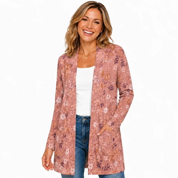 Women's Plus Size Dusty Rose Floral Cardigan, Long Sleeve Open Front Tunic with Pockets